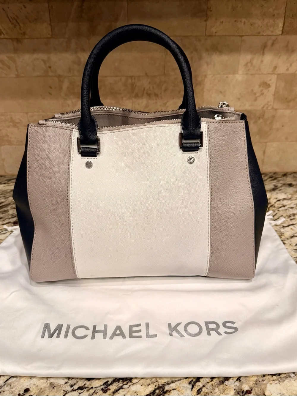 Michael Kors Sutton Black, White & Light Gray Colorblock Satchel